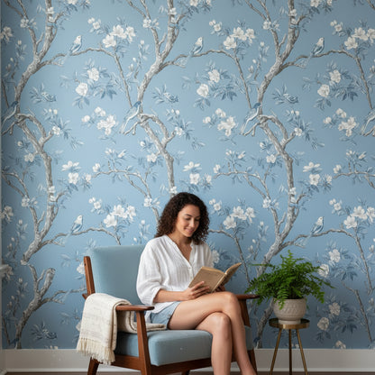 Sky Blue Cherry Blossom and Bird Wallpaper