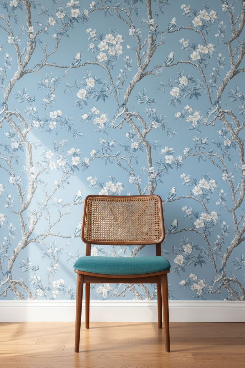 Sky Blue Cherry Blossom and Bird Wallpaper