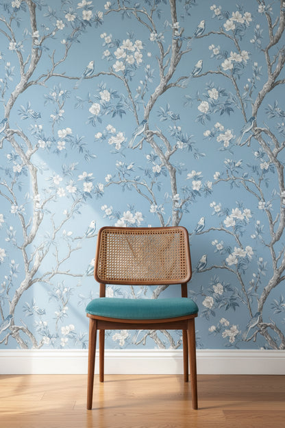 Sky Blue Cherry Blossom and Bird Wallpaper