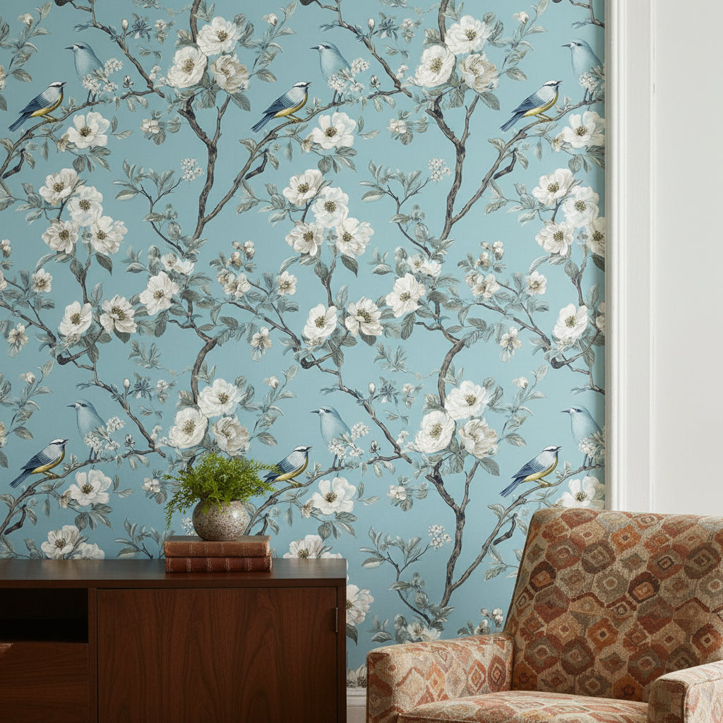 Teal Blue Cherry Blossom Bird Wallpaper