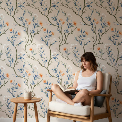 Cream Vintage Wildflower Pattern Wallpaper