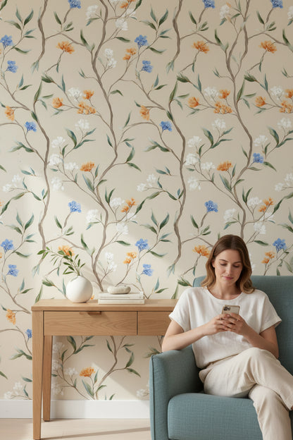 Beige Vintage Floral Branches Wallpaper
