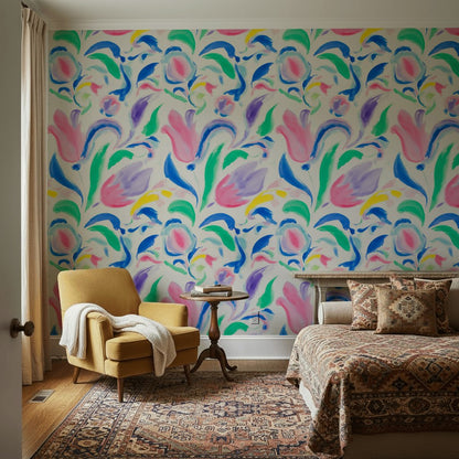 Multicolor Brushstroke Tulip Floral Wallpaper
