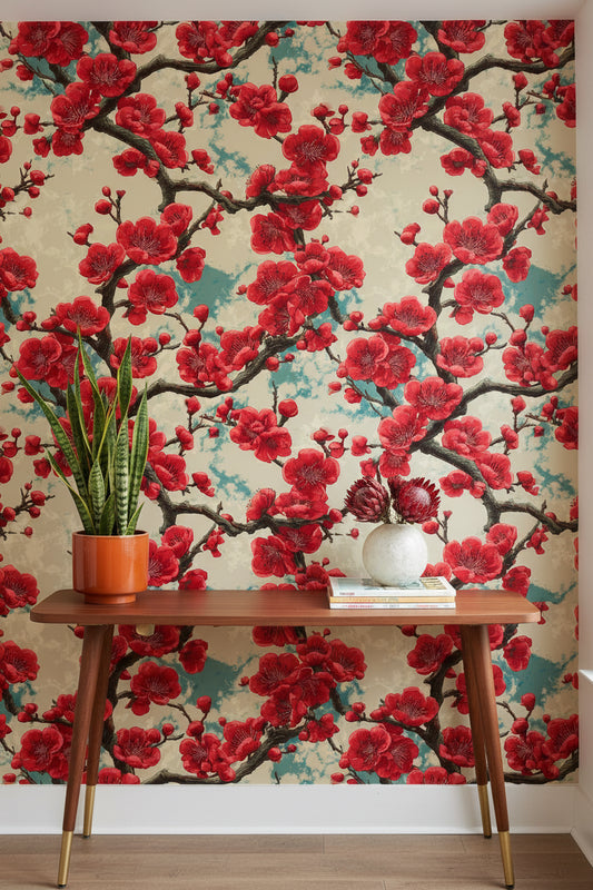 Floral Wallpaper Vintage Mural Red Wall Decor