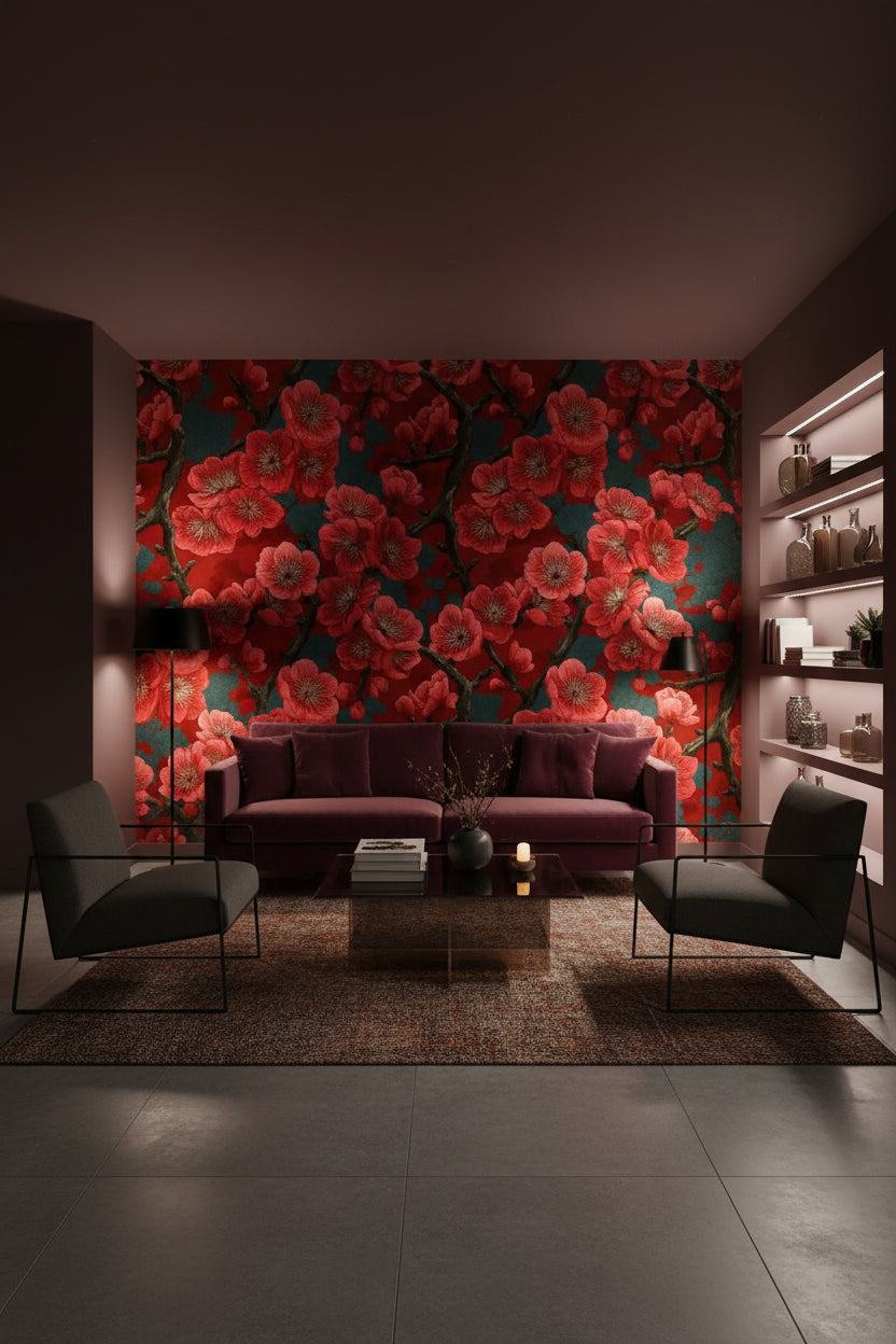 Floral Wallpaper Red Traditional Wall Mural
