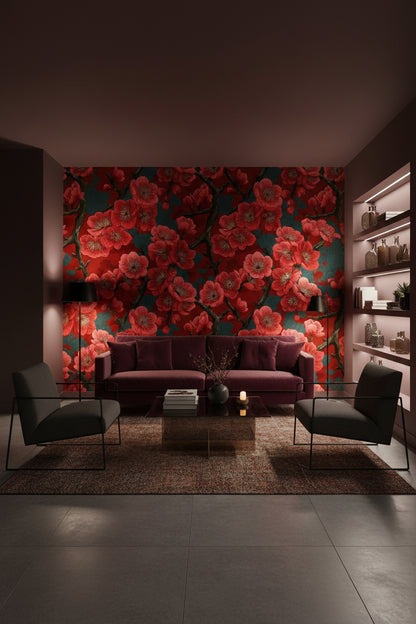 Rich Burgundy Cherry Blossom Floral Wallpaper