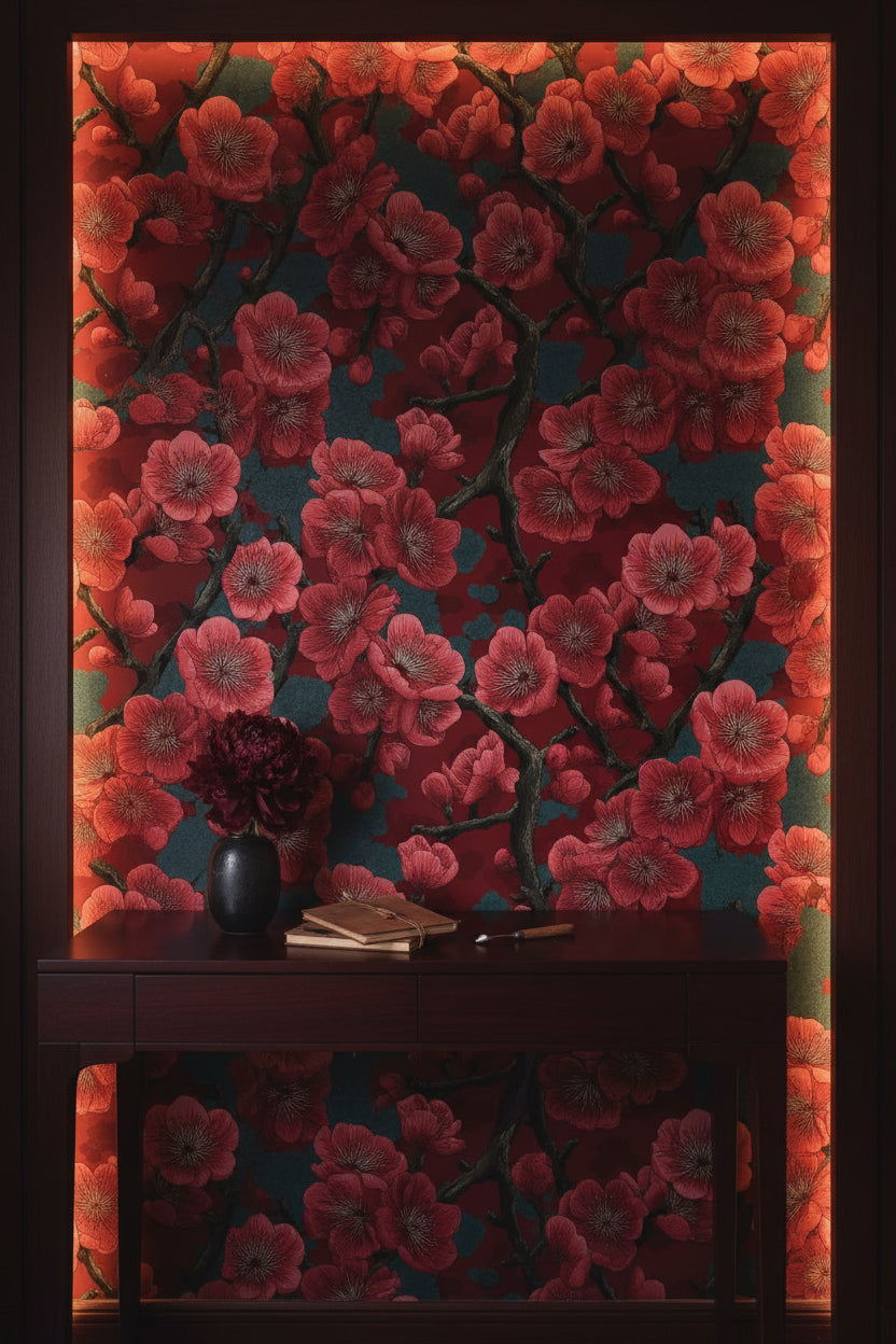 Floral Wallpaper Red Traditional Wall Mural
