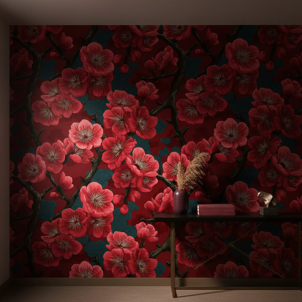 Rich Burgundy Cherry Blossom Floral Wallpaper