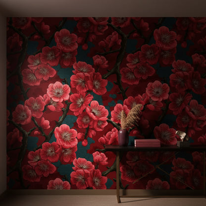 Rich Burgundy Cherry Blossom Floral Wallpaper