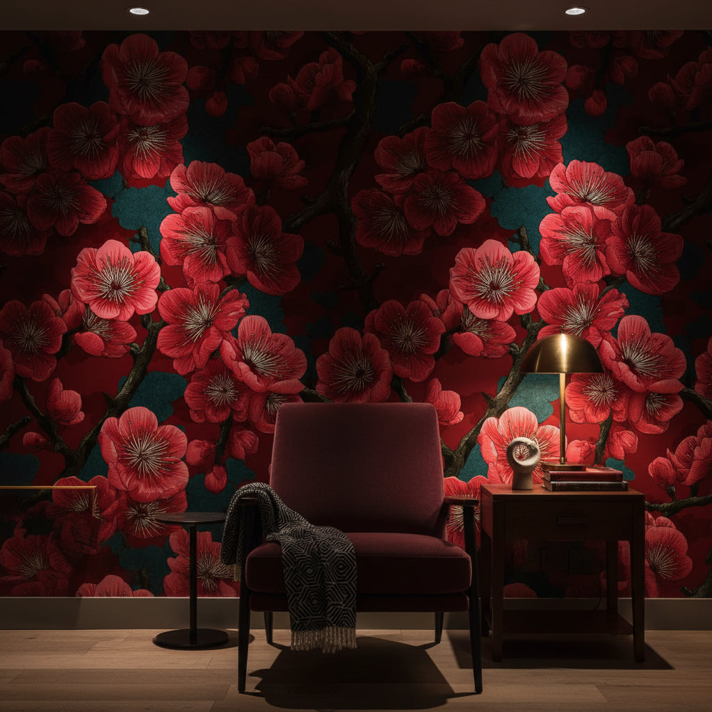 Floral Wallpaper Red Traditional Wall Mural