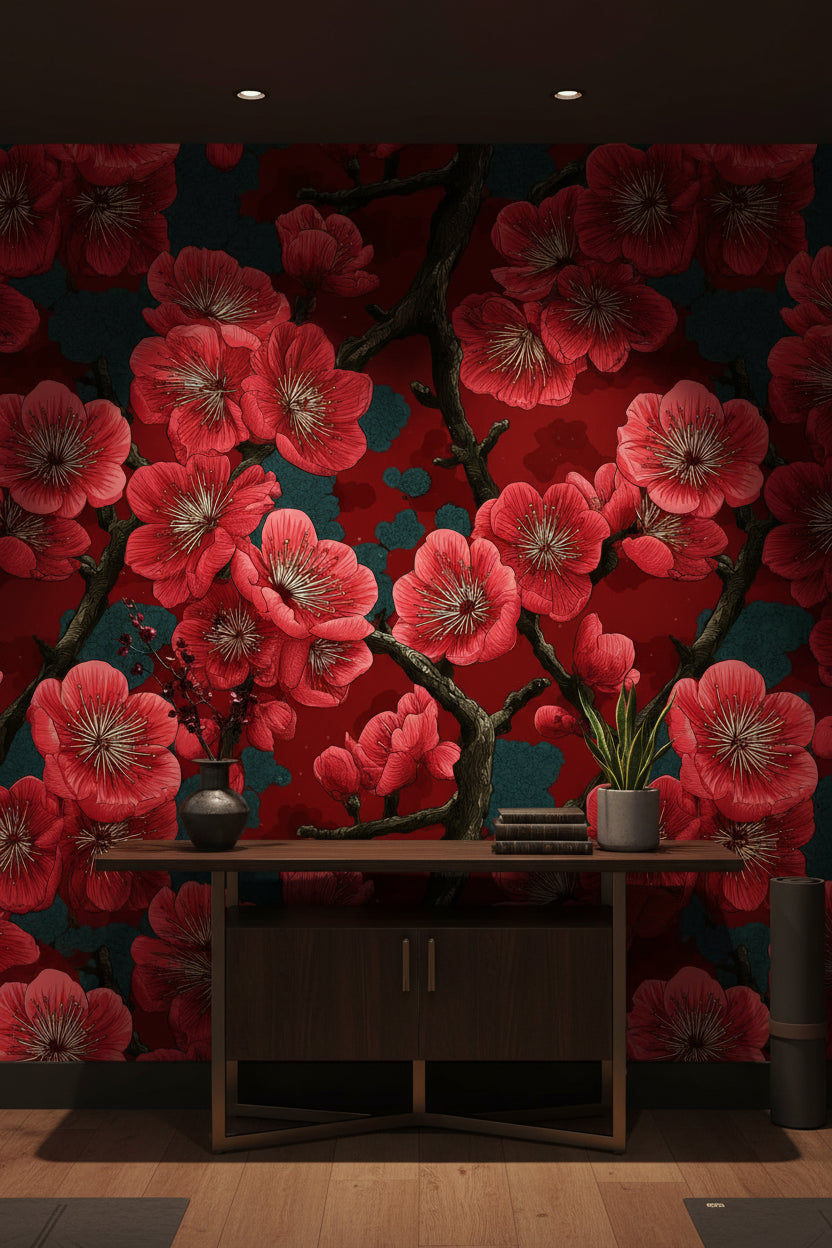 Rich Burgundy Cherry Blossom Floral Wallpaper