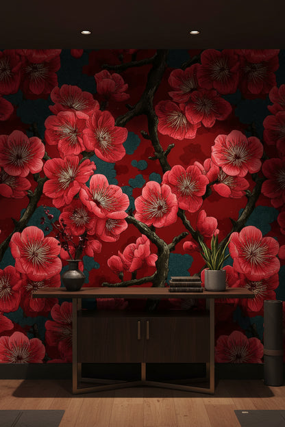 Rich Burgundy Cherry Blossom Floral Wallpaper
