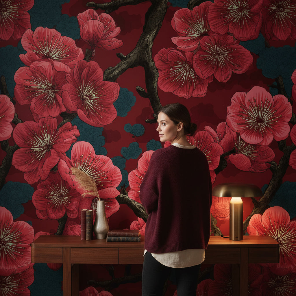 Floral Wallpaper Red Traditional Wall Mural
