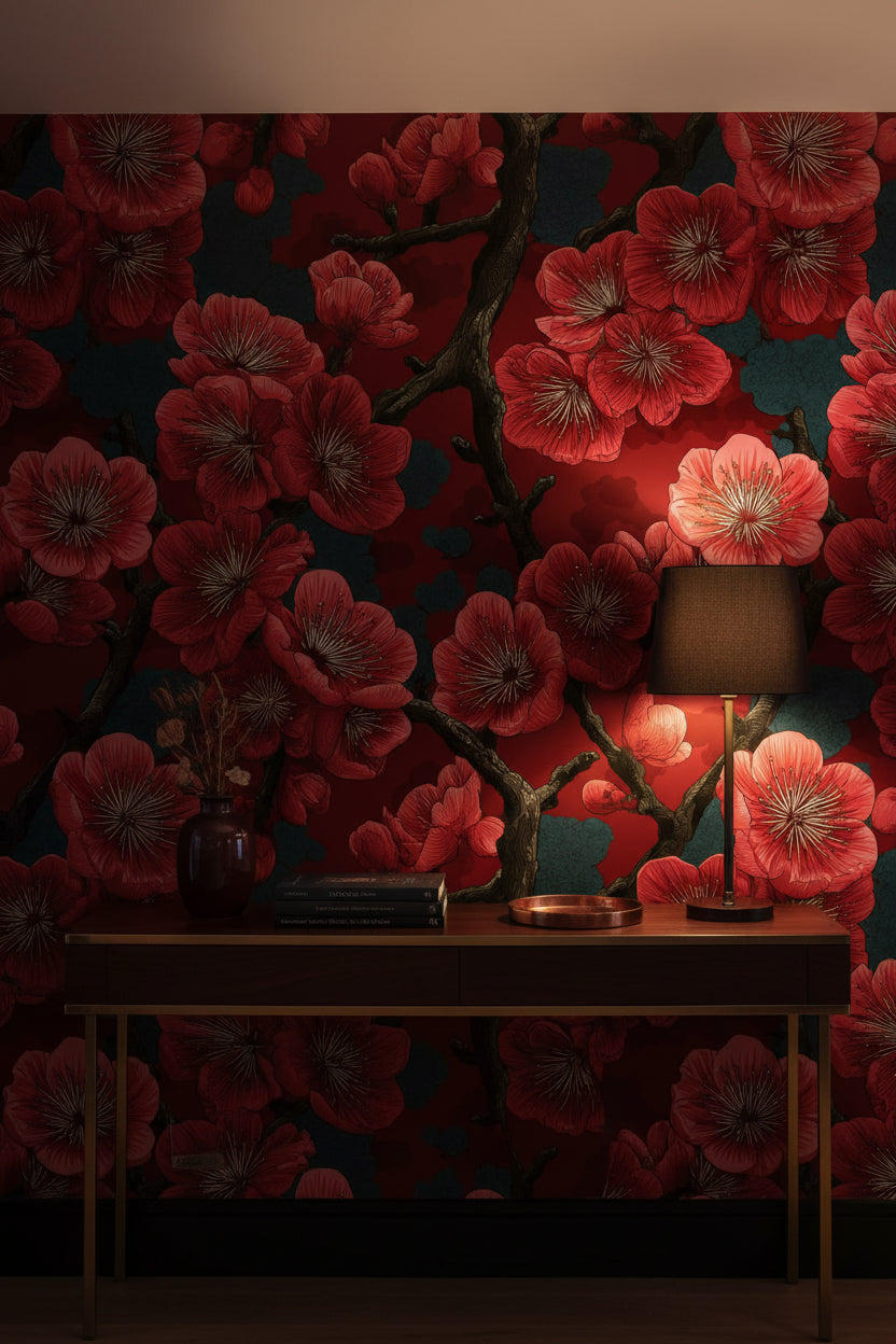 Rich Burgundy Cherry Blossom Floral Wallpaper