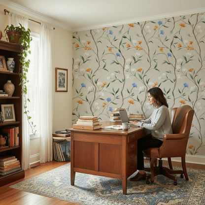 Beige Vintage Floral Branches Wallpaper