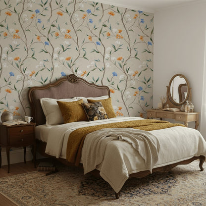 Beige Vintage Floral Branches Wallpaper
