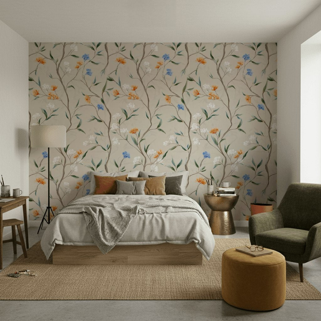 Beige Vintage Floral Branches Wallpaper