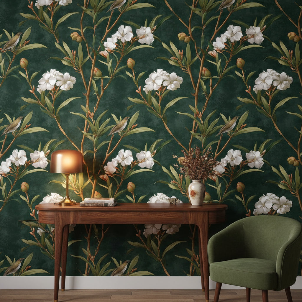 Floral Wallpaper Bird Mural Green Wall Decor