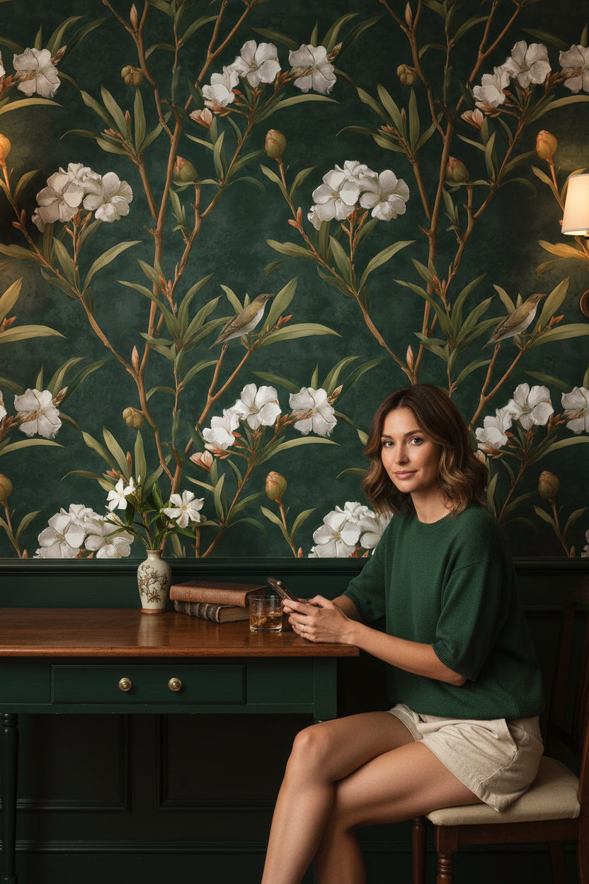 Floral Wallpaper Bird Mural Green Wall Decor