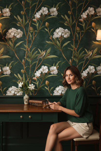Deep Forest Green Floral and Bird Wallpaper