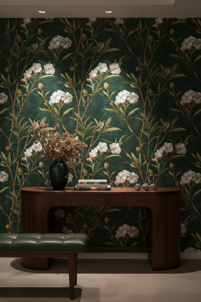 Deep Forest Green Floral and Bird Wallpaper