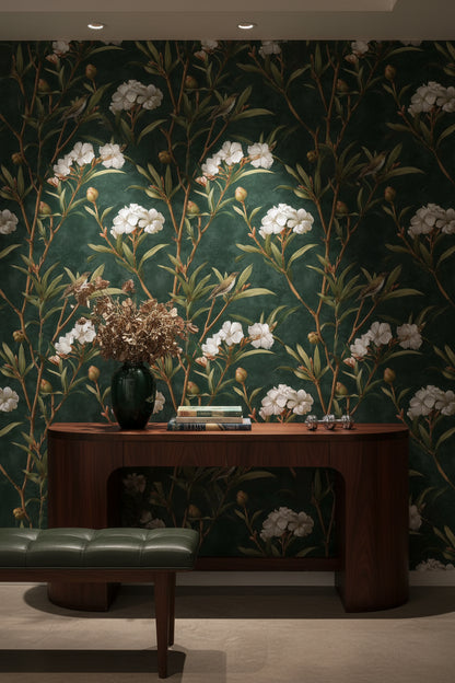 Deep Forest Green Floral and Bird Wallpaper