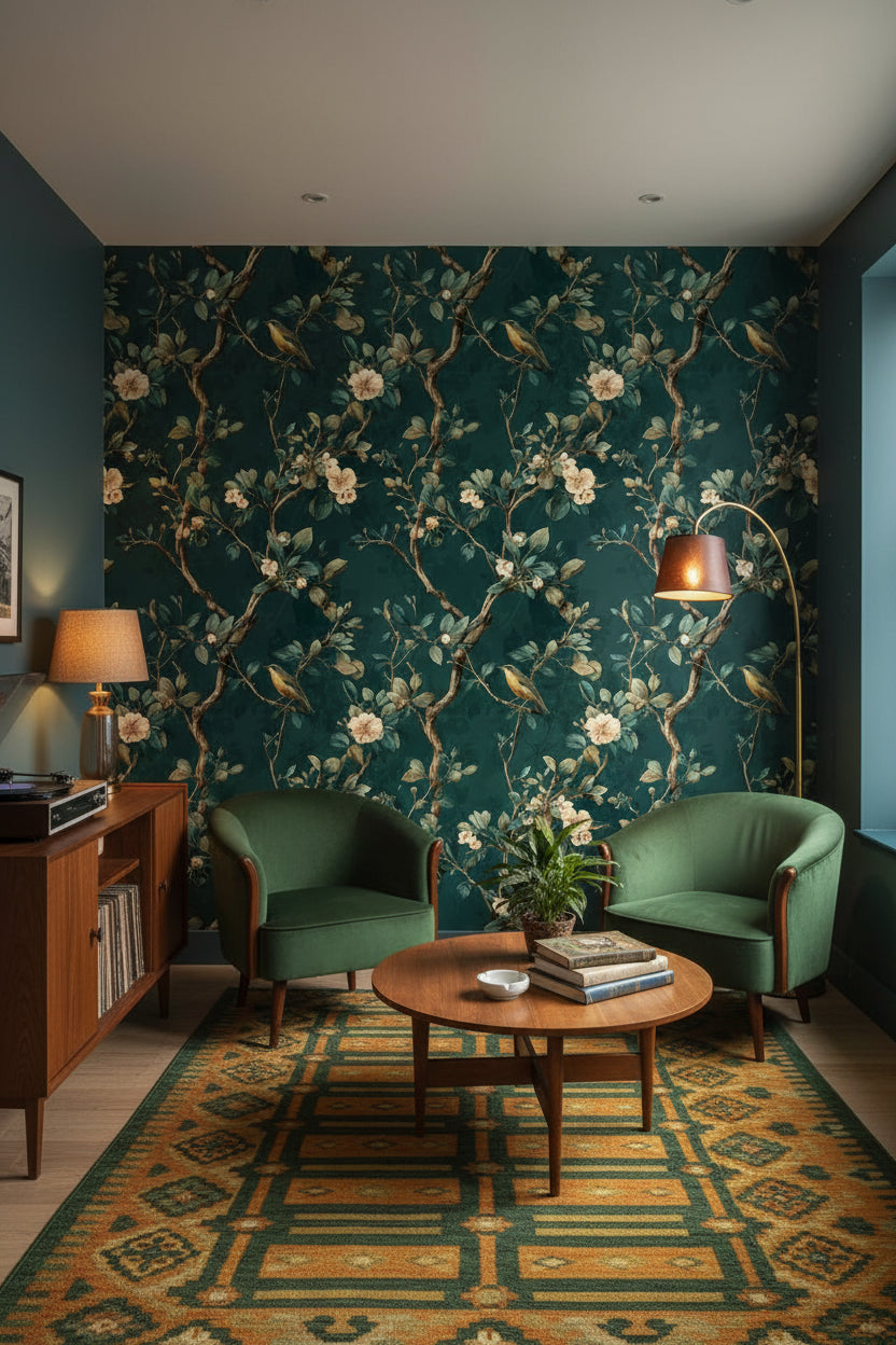 Dark Emerald Floral Bird Botanical Wallpaper