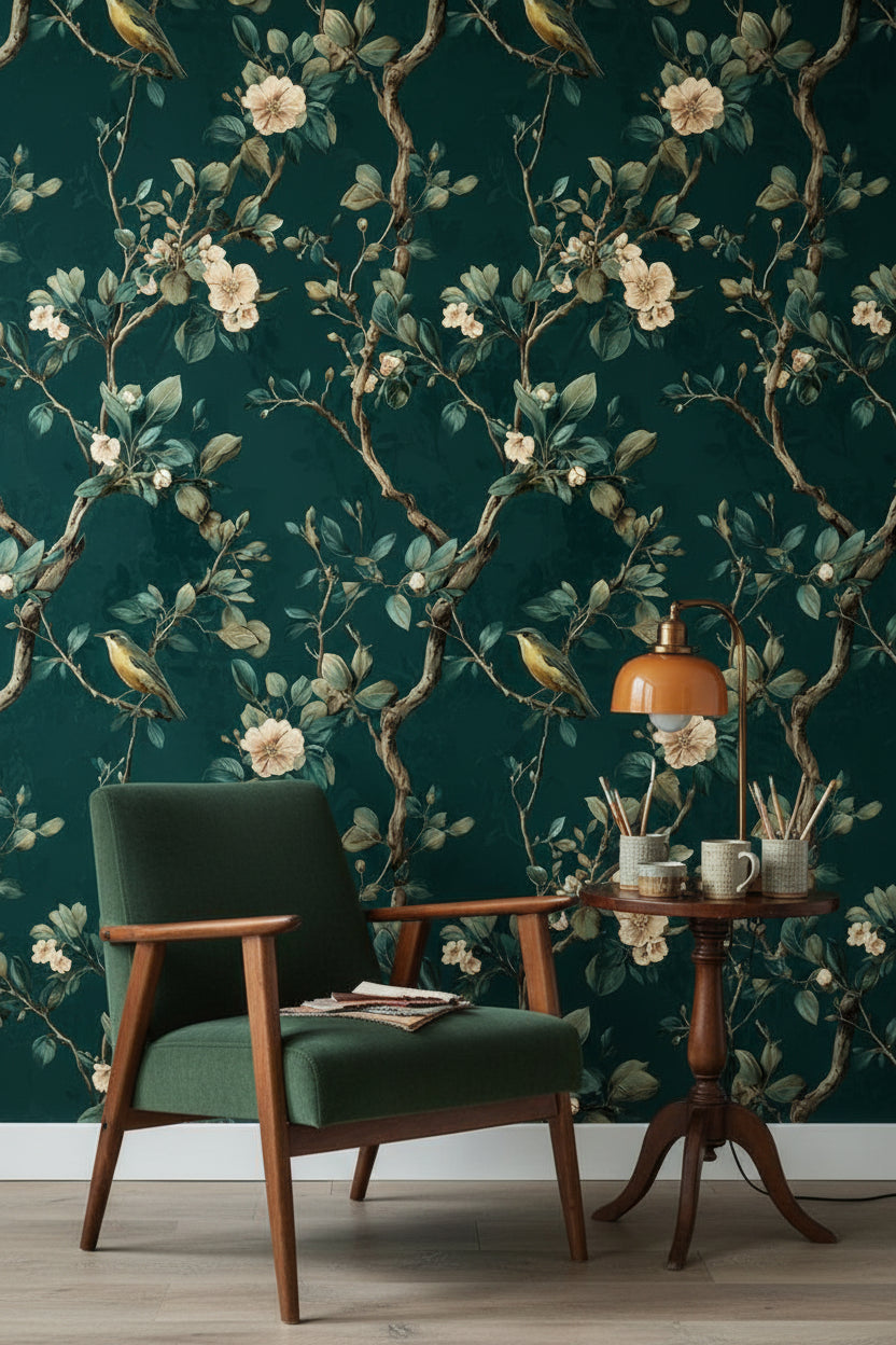 Dark Emerald Floral Bird Botanical Wallpaper