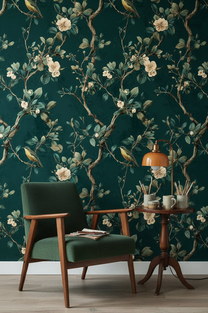 Dark Emerald Floral Bird Botanical Wallpaper