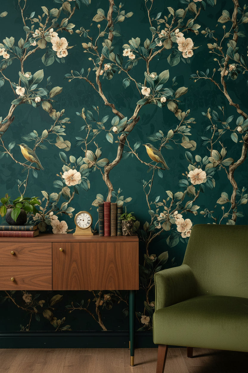 Floral Wallpaper Vintage Bird Wall Mural