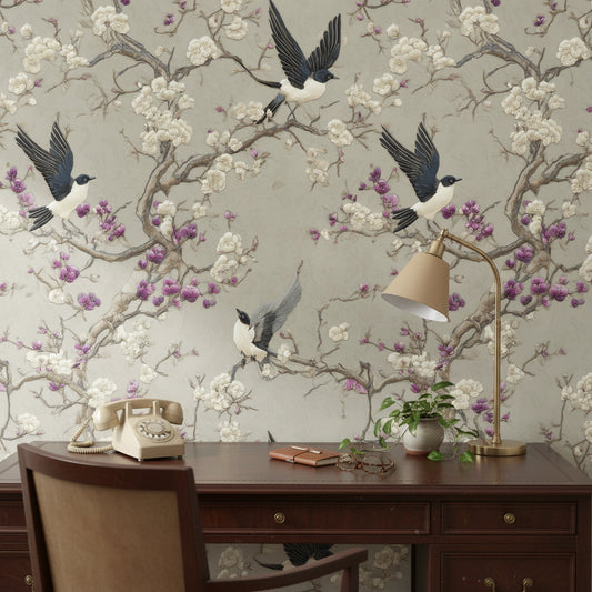 Floral Wallpaper Birds Vintage Mural Wall Decor