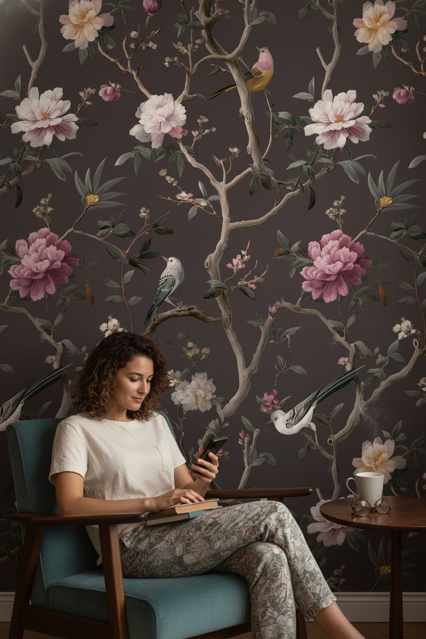 Dark Charcoal Peony and Bird Chinoiserie Wallpaper