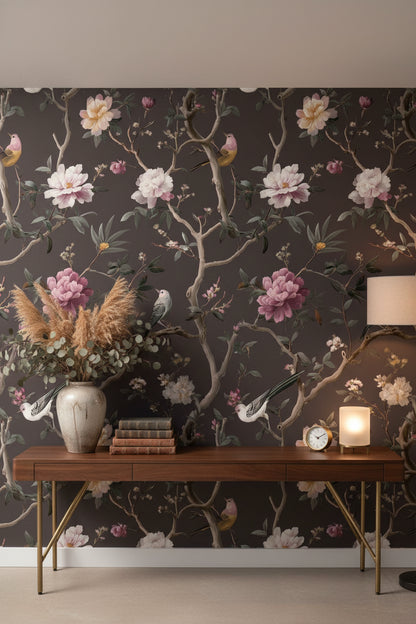 Dark Charcoal Peony and Bird Chinoiserie Wallpaper