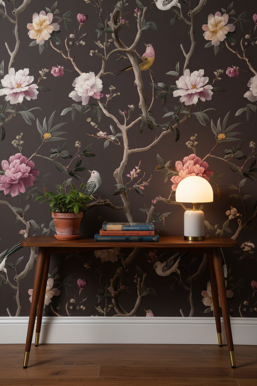 Dark Charcoal Peony and Bird Chinoiserie Wallpaper