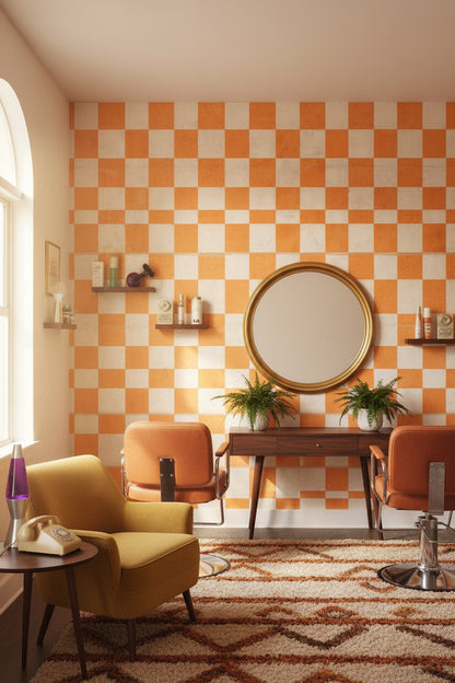 Bold Orange and Cream Checkered Geometric Wallpaper