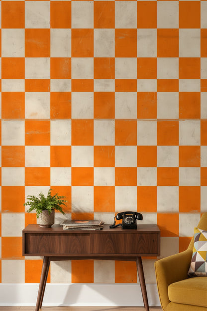 Bold Orange and Cream Checkered Geometric Wallpaper