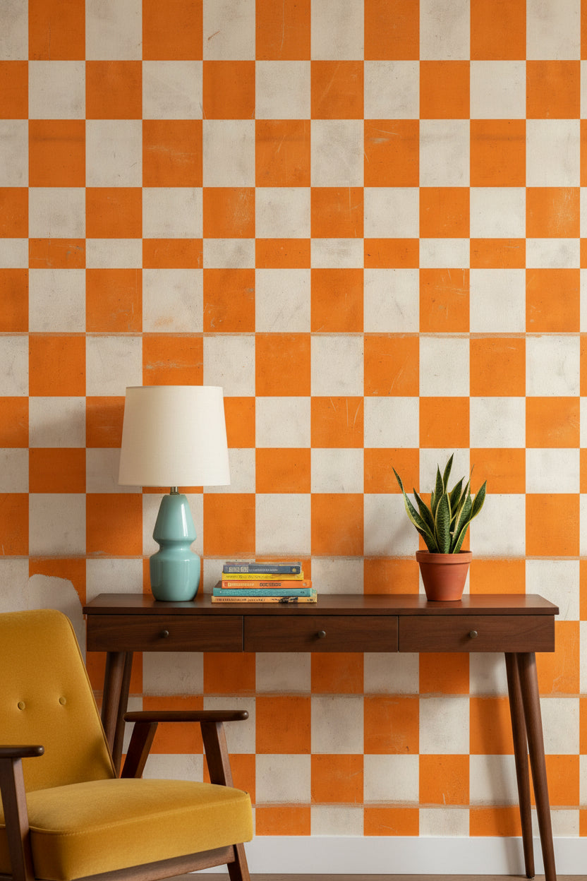 Bold Orange and Cream Checkered Geometric Wallpaper