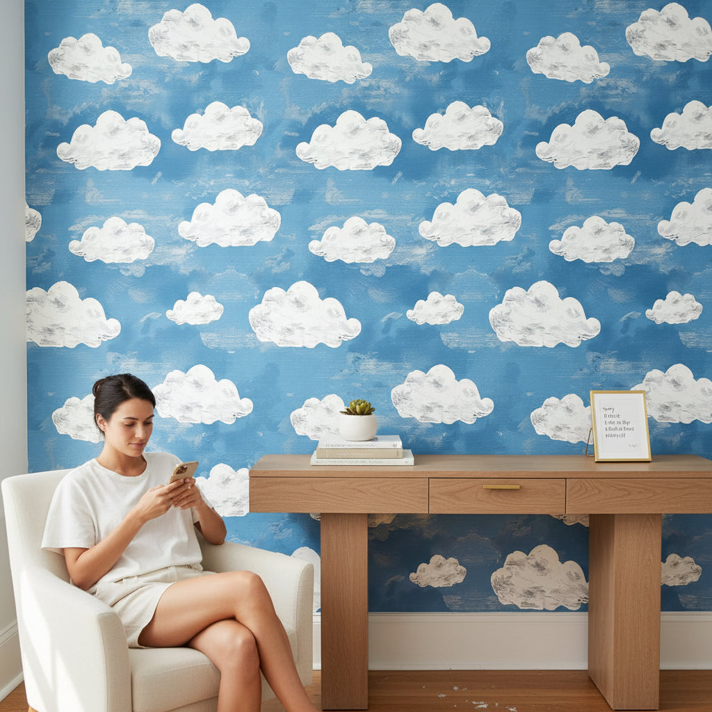 Clouds Wallpaper Sky Blue Removable Wall Decor