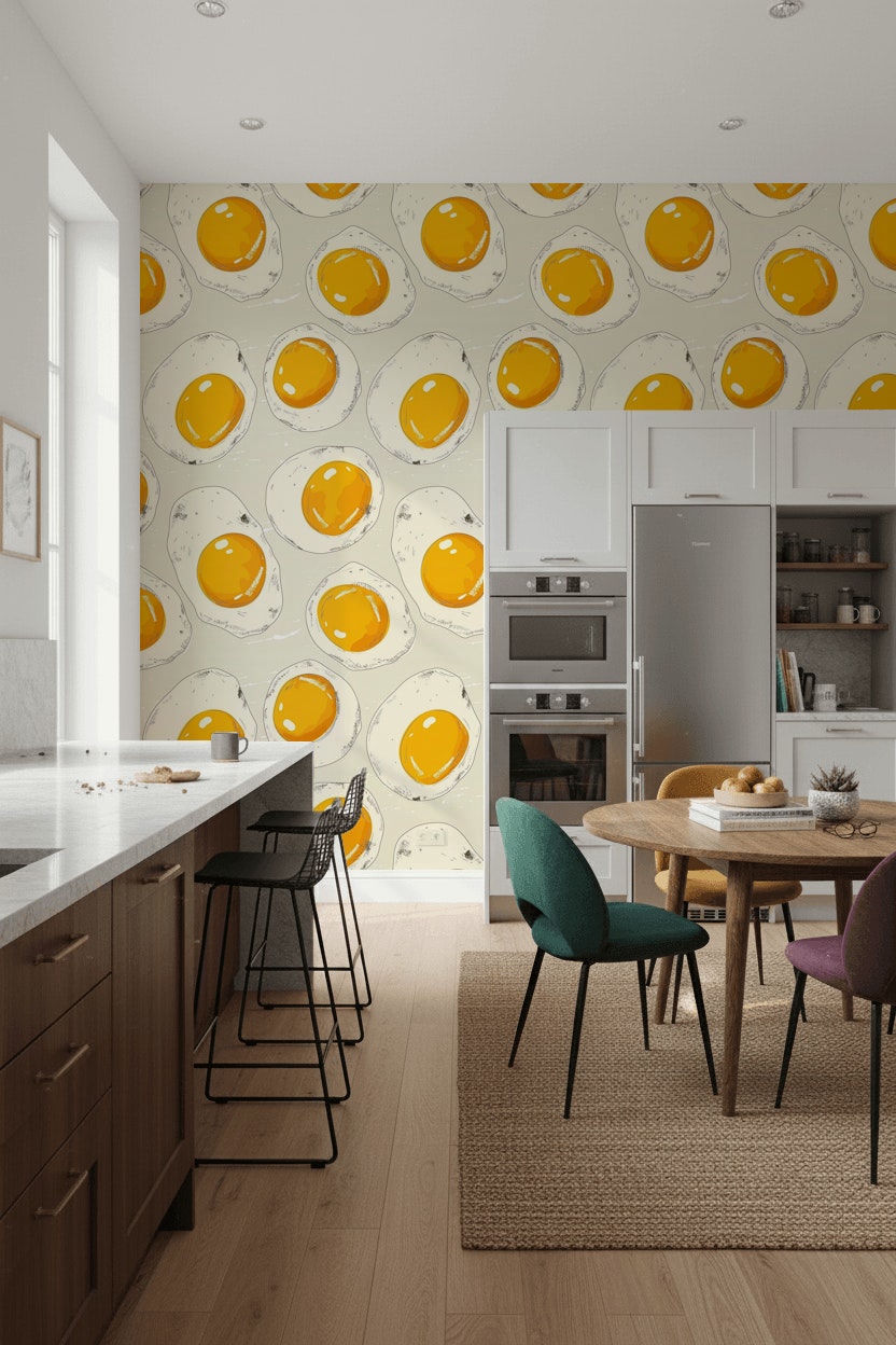 Beige and Yellow Fried Egg Pattern Wallpaper