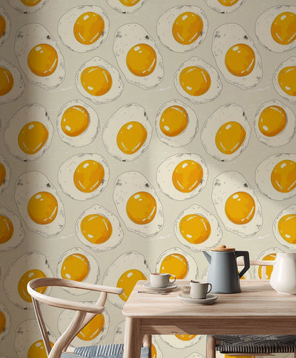 Beige and Yellow Fried Egg Pattern Wallpaper