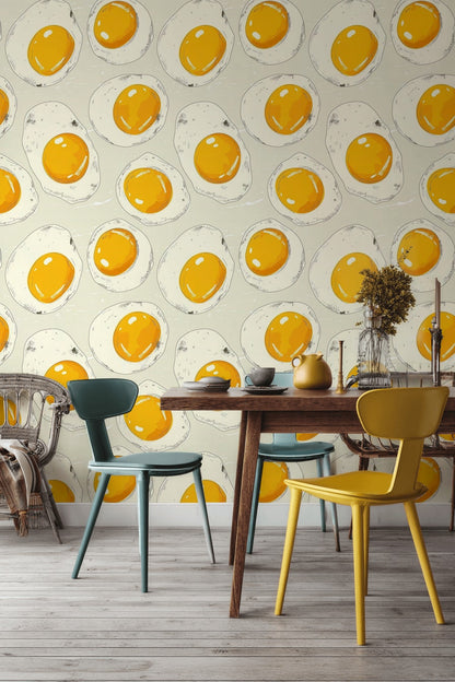 Beige and Yellow Fried Egg Pattern Wallpaper