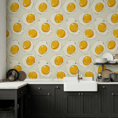 Beige and Yellow Fried Egg Pattern Wallpaper