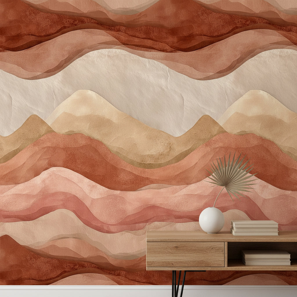 Terracotta and Beige Abstract Wave Wallpaper