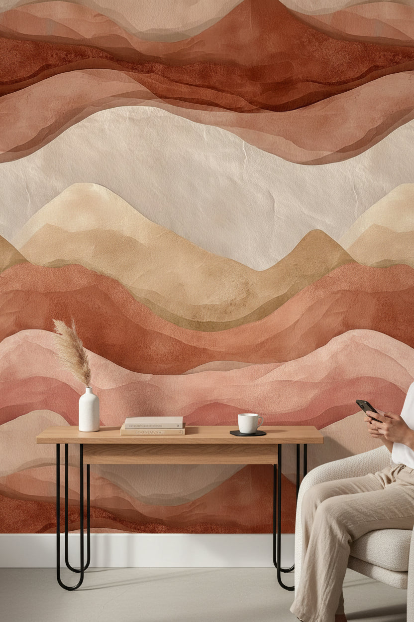 Terracotta and Beige Abstract Wave Wallpaper