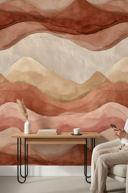 Terracotta and Beige Abstract Wave Wallpaper
