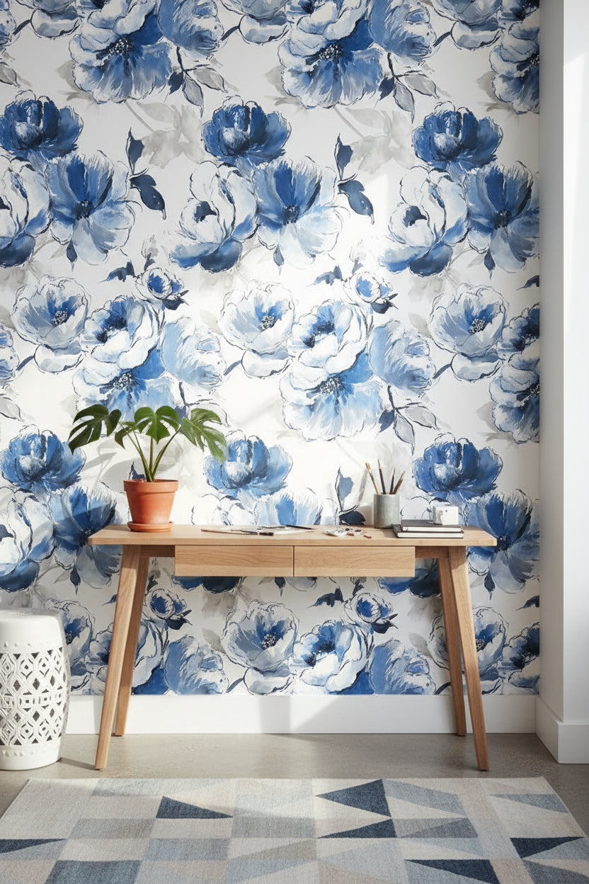 Blue and White Large Floral Watercolor Wallpaper