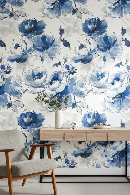 Blue and White Large Floral Watercolor Wallpaper
