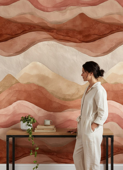 Terracotta and Beige Abstract Wave Wallpaper