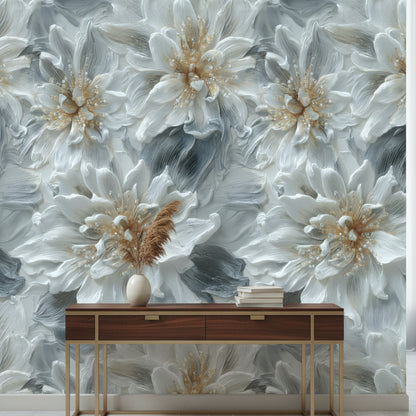 Soft Gray and White Oversized Floral Wallpaper
