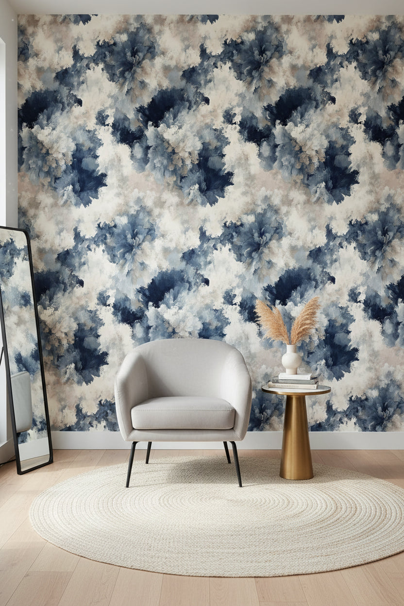 Cream and Blue Abstract Floral Wallpaper